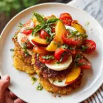 Corn Fritter Caprese with Peaches and Tomatoes 29 Corn Fritter Caprese with Peaches and Tomatoes