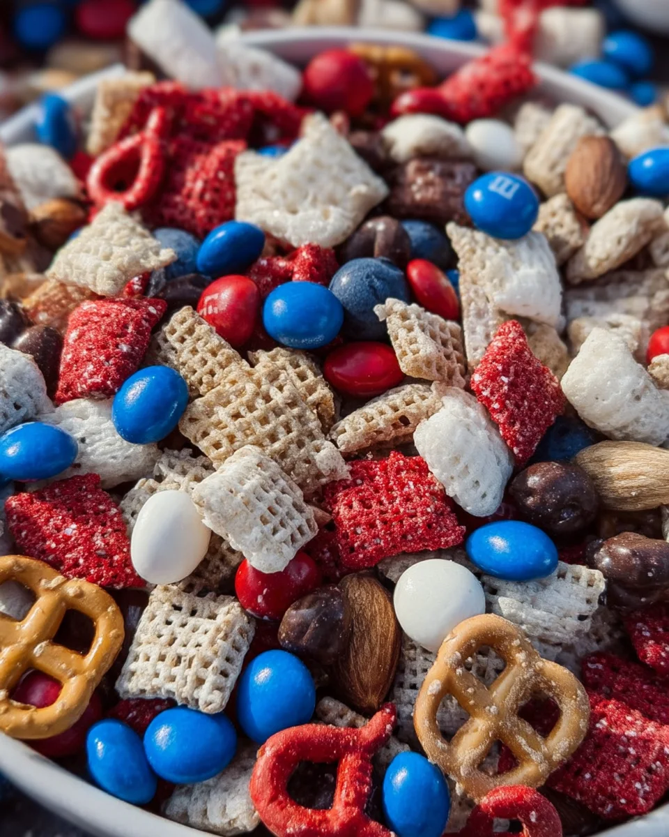 Red, white, and blue snack mix