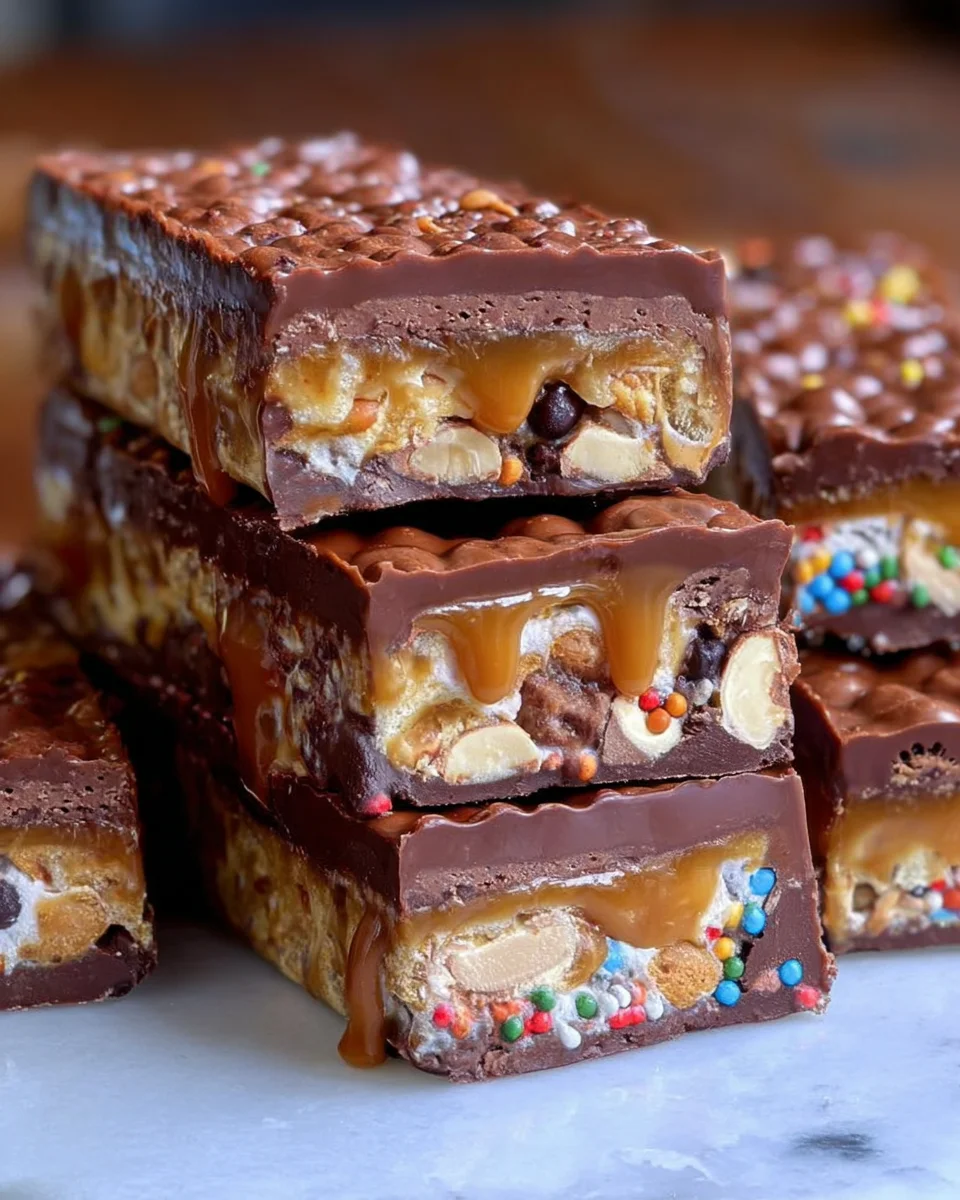 No Bake Crispy Snickers Bars