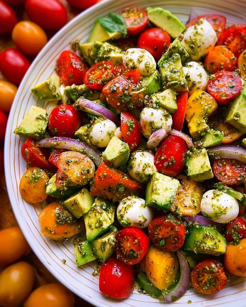 Tomato Cucumber Avocado Salad with Mozzarella and Basil Pesto