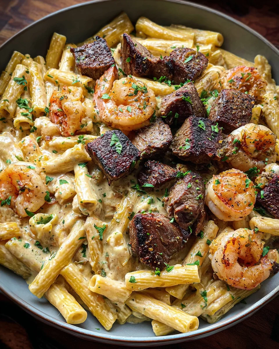 Blackened Steak and Shrimp Alfredo