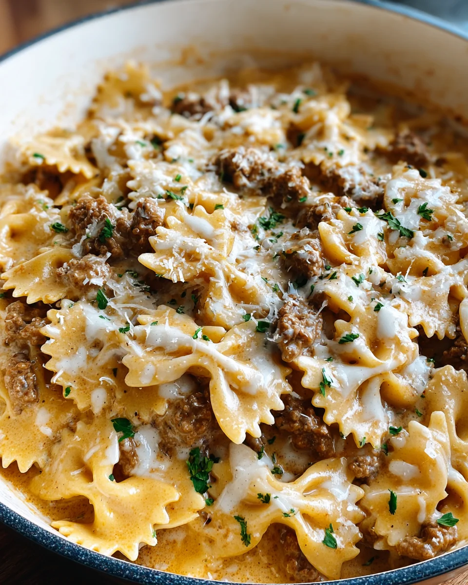 Cheesy Beef and Bowtie Pasta in Garlic Butter