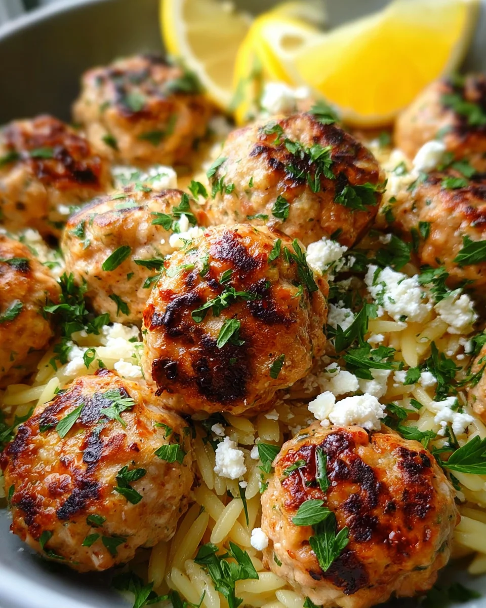 Greek Chicken Meatballs with Lemon Orzo