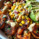 Grilled Shrimp Bowl with Avocado, Corn Salsa & Creamy Garlic Sauce