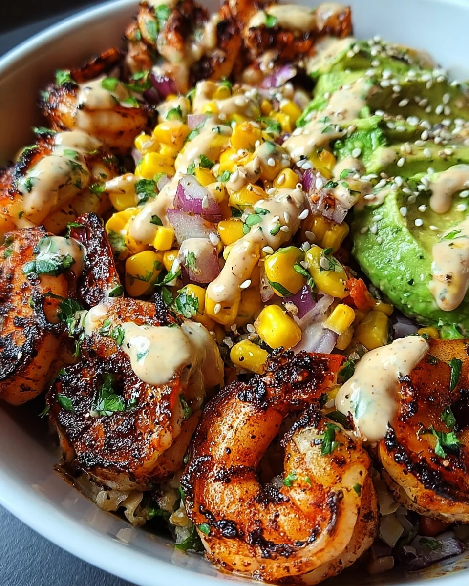 Grilled Shrimp Bowl with Avocado, Corn Salsa & Creamy Garlic Sauce
