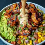Grilled Shrimp Bowl with Avocado, Corn Salsa & Creamy Sauce