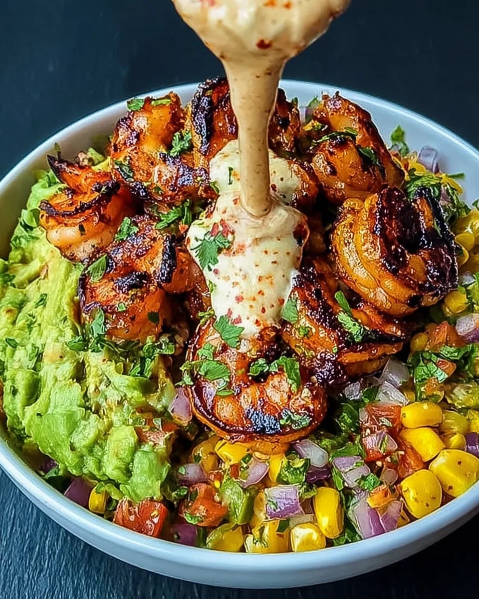 Grilled Shrimp Bowl with Avocado, Corn Salsa & Creamy Sauce