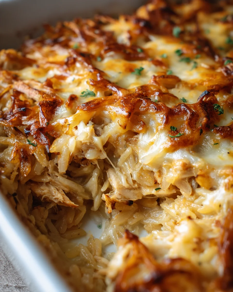 French Onion Chicken Orzo Casserole