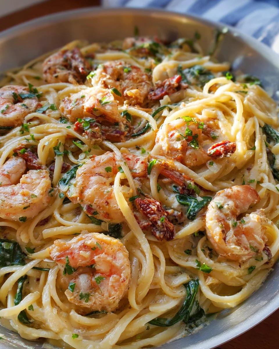 Creamy Tuscan shrimp linguine
