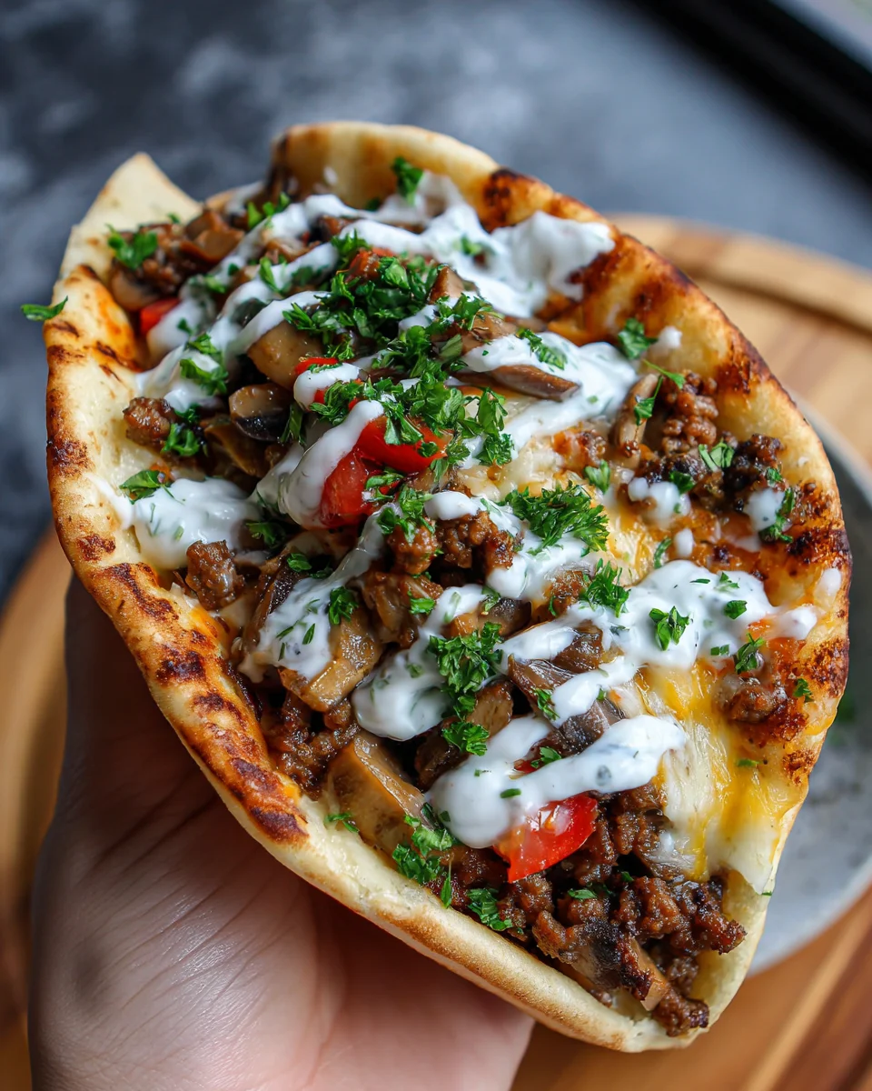 Cheesy Beef and Mushroom Pita Pockets with Tzatziki Sauce 27 Cheesy Beef and Mushroom Pita Pockets with Tzatziki Sauce