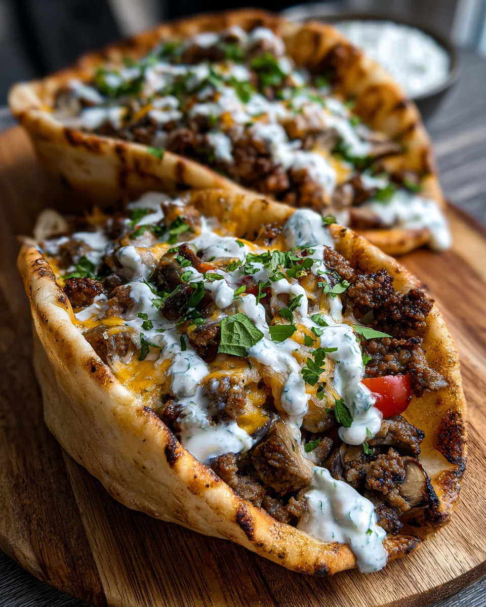 Cheesy Beef and Mushroom Pita Pockets with Tzatziki Sauce 24 Cheesy