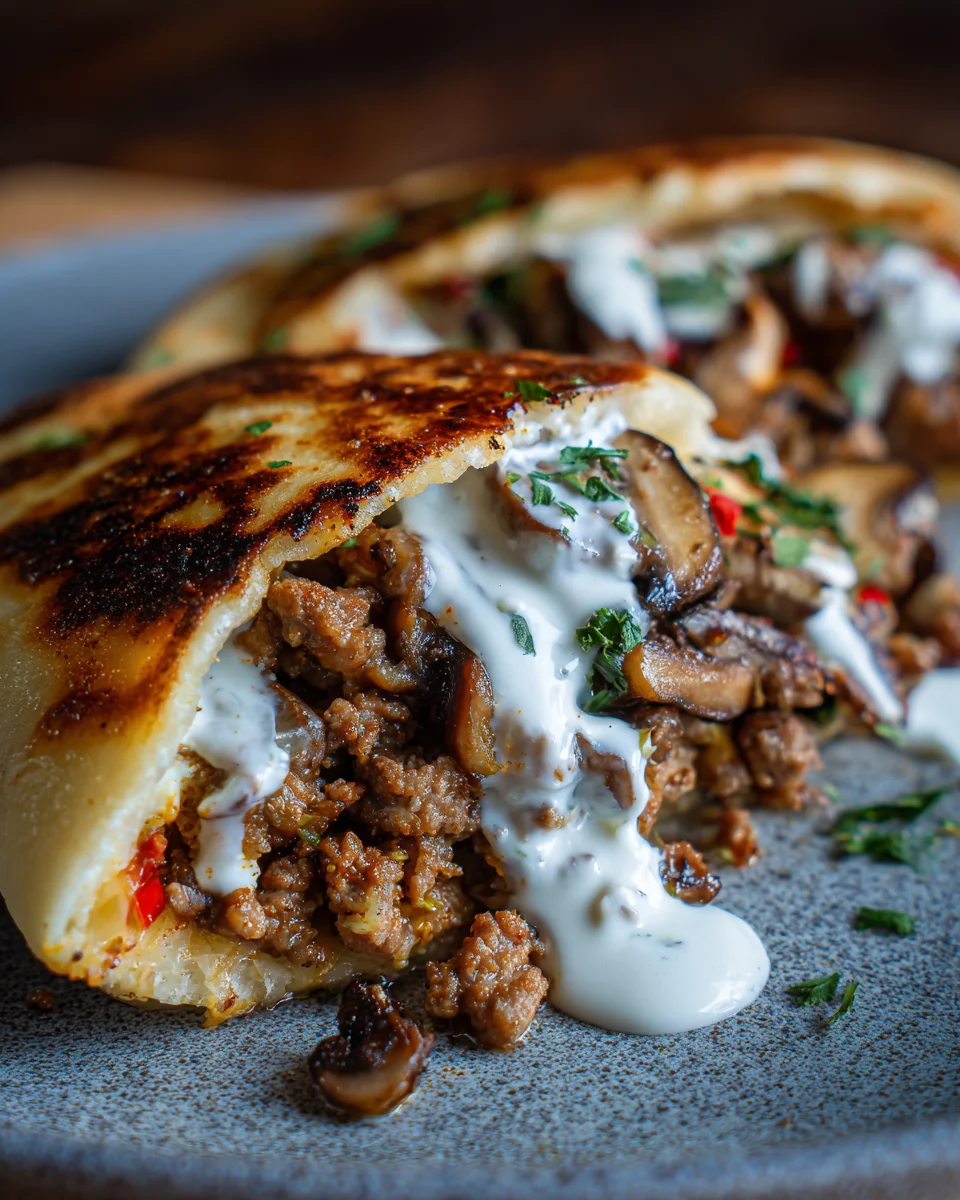 Cheesy Beef and Mushroom Pita Pockets with Tzatziki Sauce 25 Cheesy