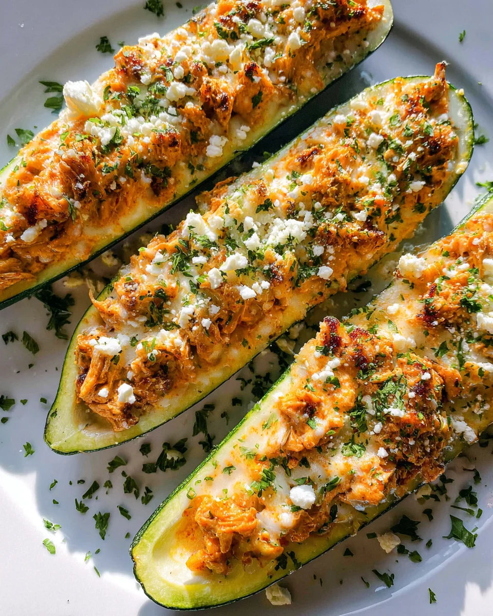 High Protein Buffalo Chicken Stuffed Zucchini Boats